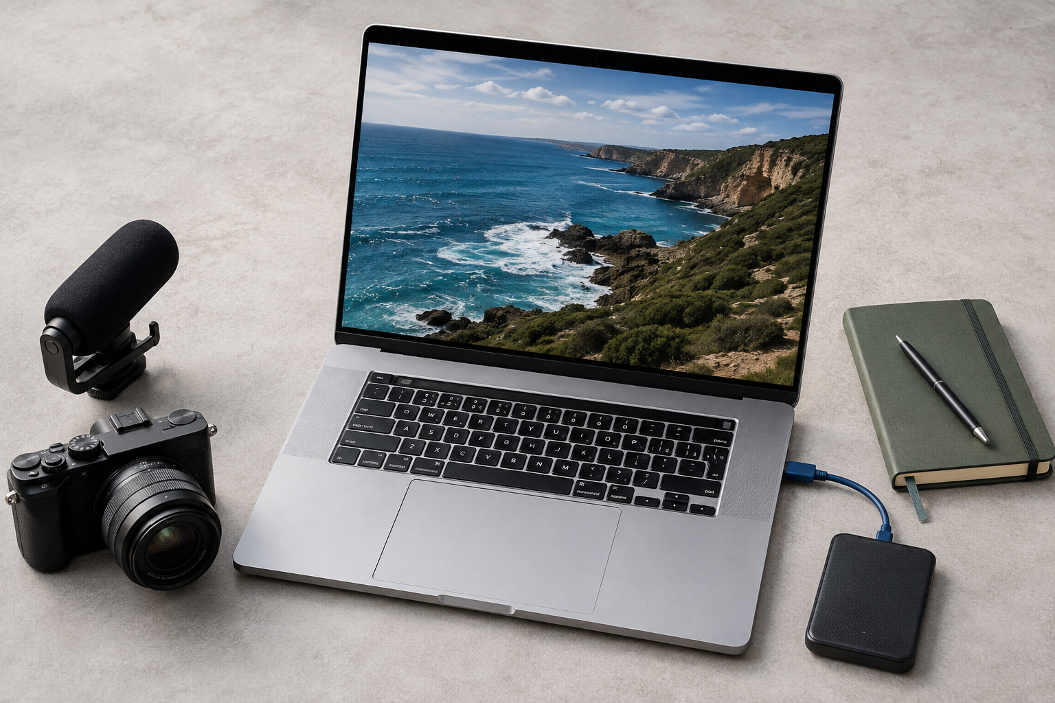Creator workstation with a camera, microphone and laptop