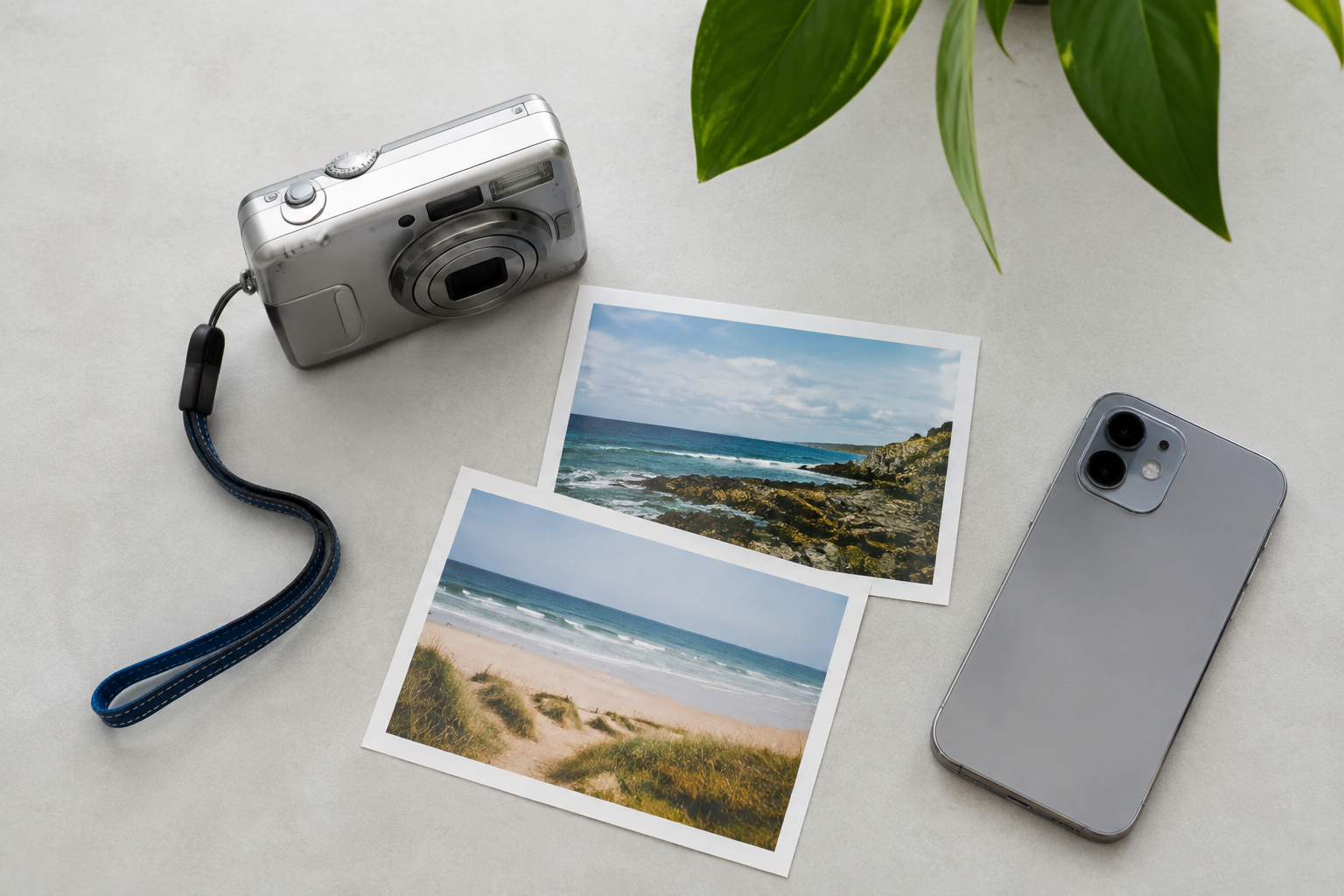 Camera, phone and travel photos on a desk